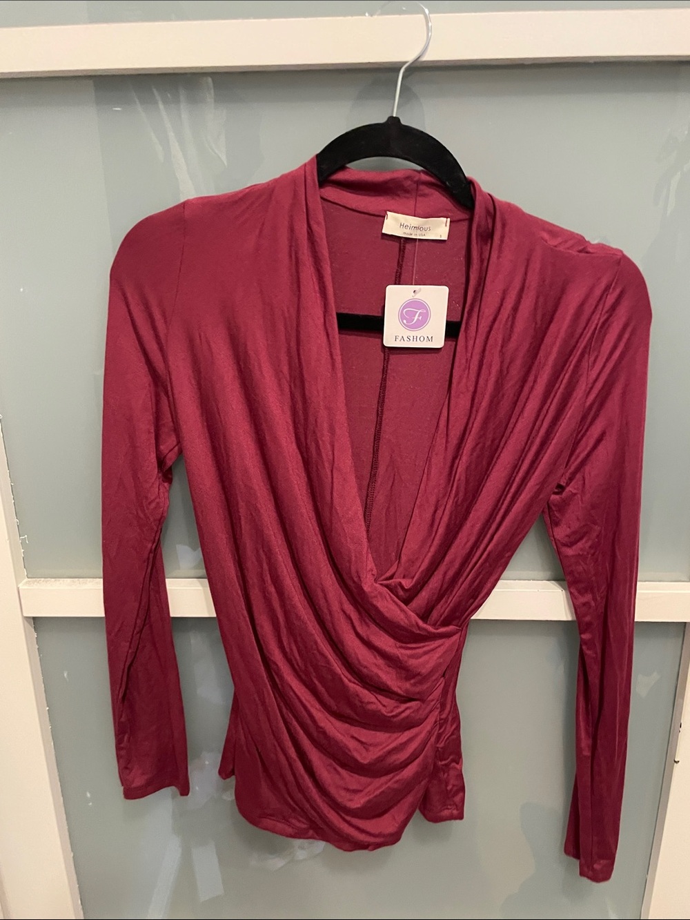 Heimious Top Drape Front Wrap Top, size S, NWT, burgundy red